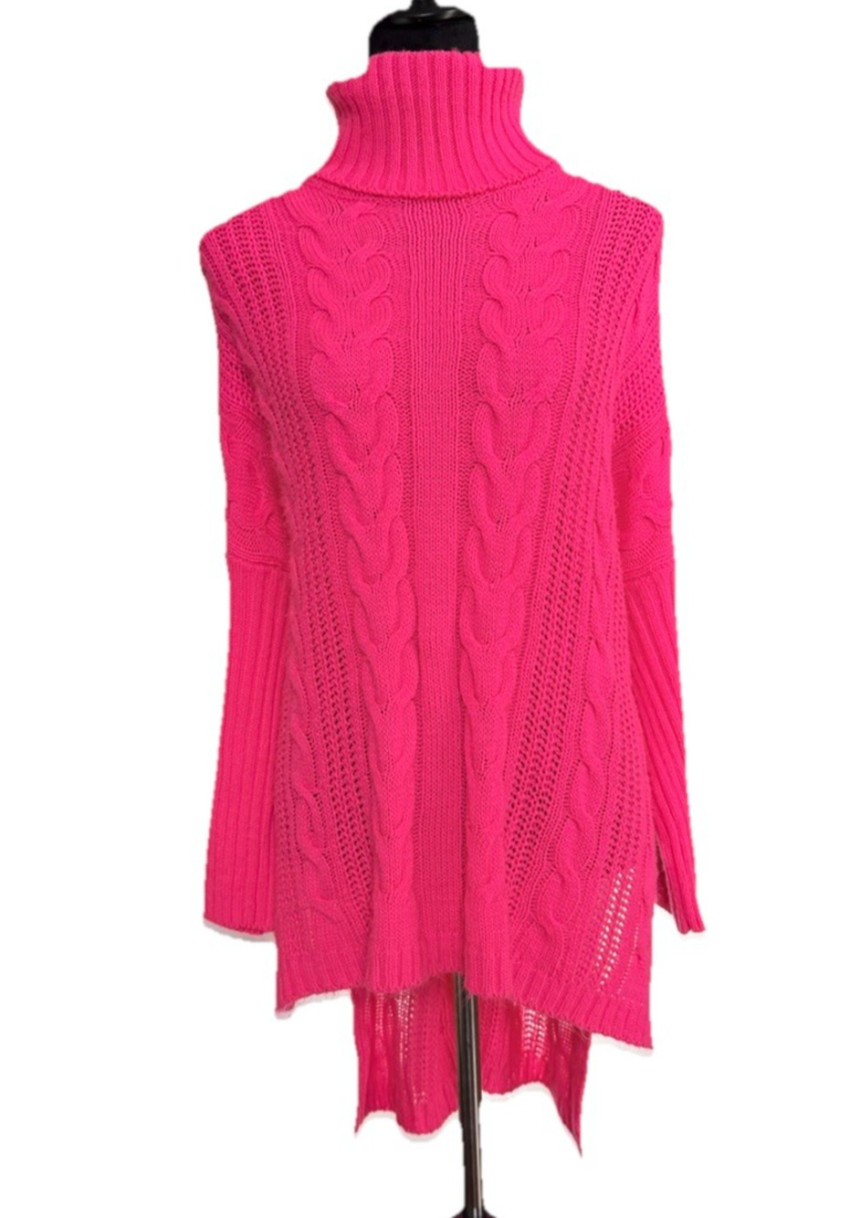 Day & Night Oversized Turtleneck Sweater Hot Pink S/M Chunky Cable Knit Tunic